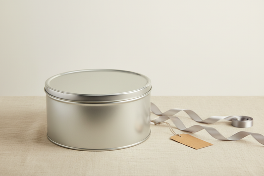 Caja metálica redonda 219x55 mm plateada cerrada sobre lino beige — vista general editorial