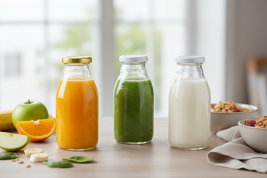 Mesa de desayuno con botellas de vidrio con jugos y bebidas saludables
