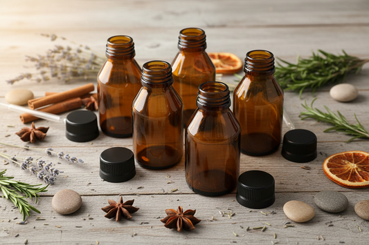 Envases de vidrio ámbar HX60F 60ml en contexto lifestyle apotecario