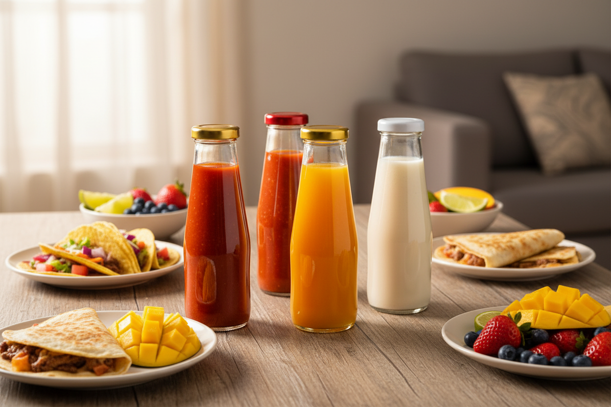 Mesa de comida casera con botellas de vidrio con salsas y bebidas