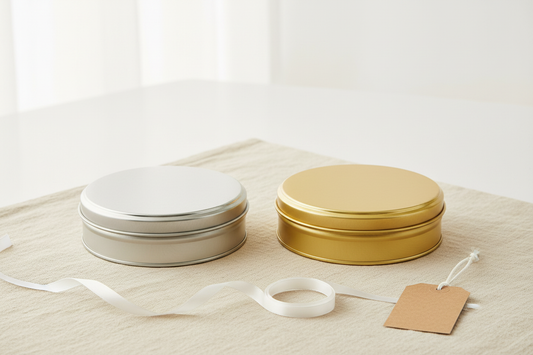 Caja metálica redonda 141x40 mm perfil bajo en estaño plata y dorado — vista general de variantes