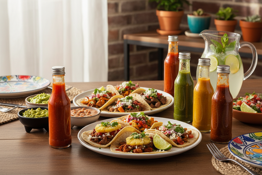 Mesa de comida con tacos y botellas de vidrio con salsas picantes