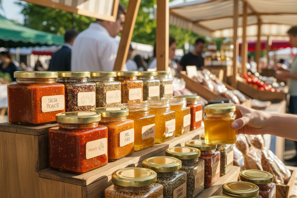 Frascos cuadrados con salsas y especias en mercado gourmet