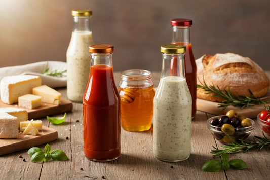 Mesa de comida casera con botellas de vidrio con productos artesanales