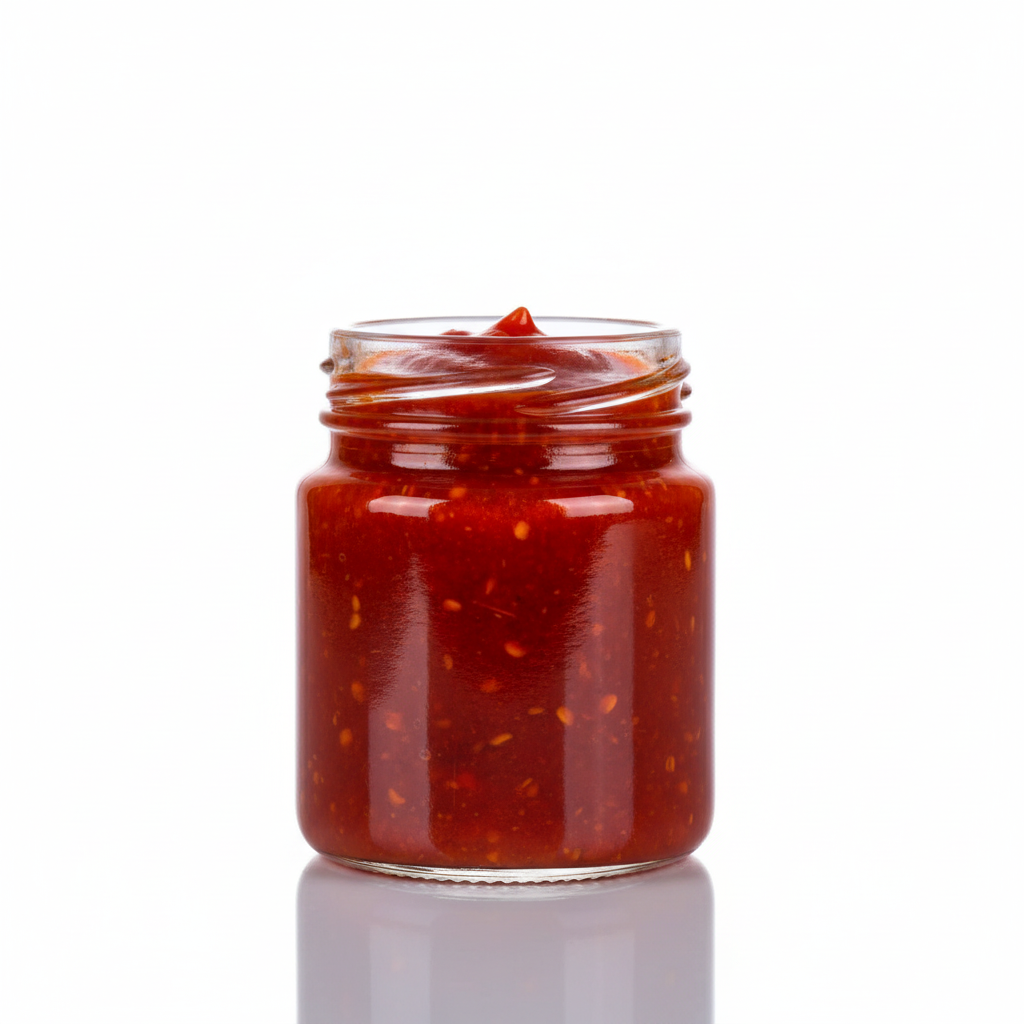 Envase de vidrio 80ml transparente con salsa de ají mostrando uso final