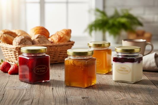 Frascos con mermeladas y postres en mesa de desayuno