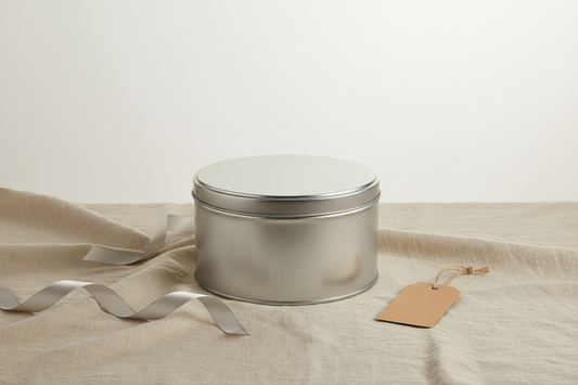 Caja metálica redonda 186x55 mm plateada cerrada sobre lino beige — vista general editorial