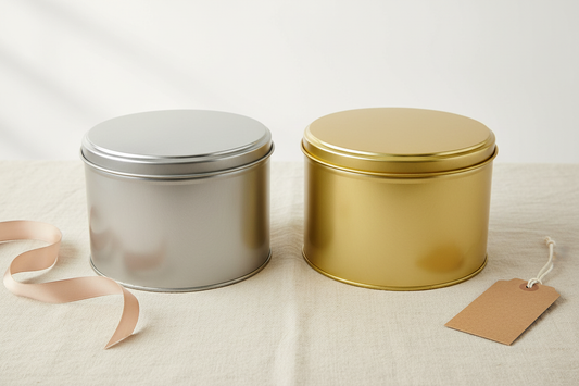 Caja metálica redonda 141x114 mm en estaño plata y dorada — vista general de variantes