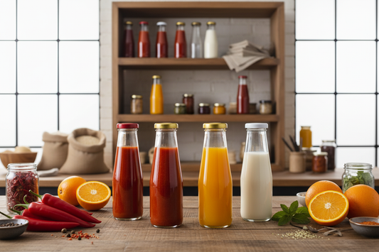 Botellas de vidrio con salsas y bebidas en cocina artesanal profesional