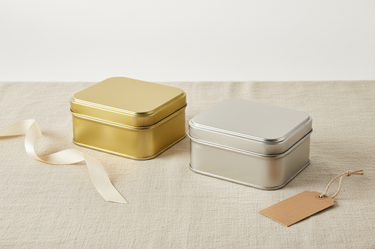 Caja metálica rectangular dorada y plateada sobre lino beige — vista general de variantes