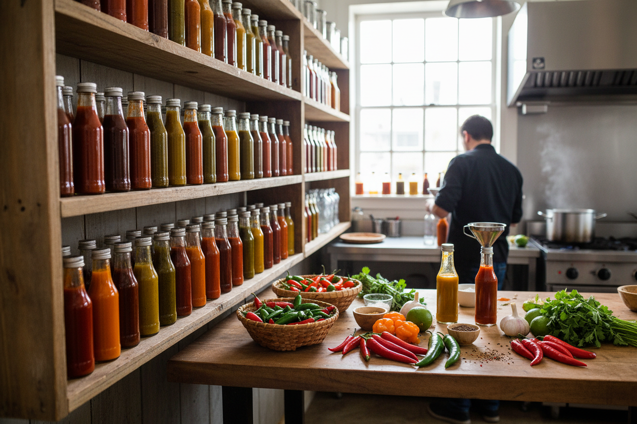 Botellas de vidrio con salsas picantes en cocina artesanal