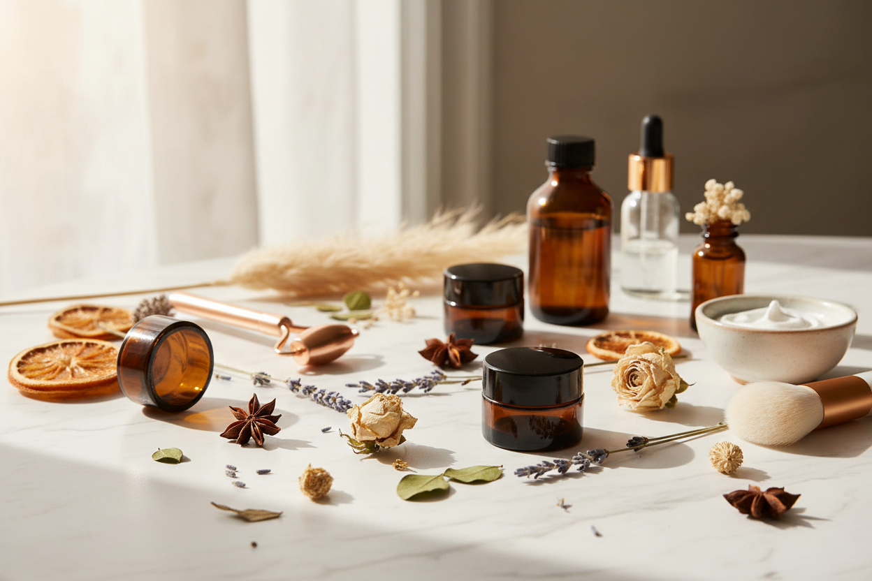 Envases de vidrio ámbar 15ml en contexto lifestyle skincare