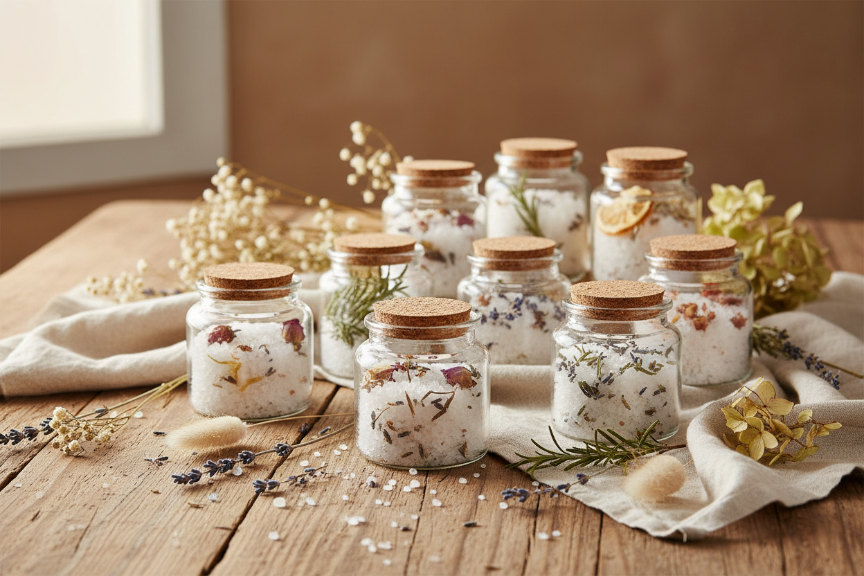 Envases de vidrio transparente 90ml en contexto lifestyle artesanal con sales y hierbas