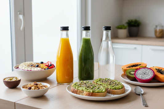 Mesa de brunch saludable con botellas de vidrio con bebidas premium