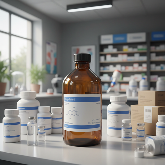 Envase ámbar en contexto farmacéutico profesional