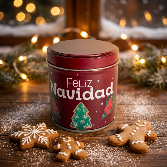 Caja metálica redonda roja con mensaje Feliz Navidad, junto a galletas decoradas y luces navideñas
