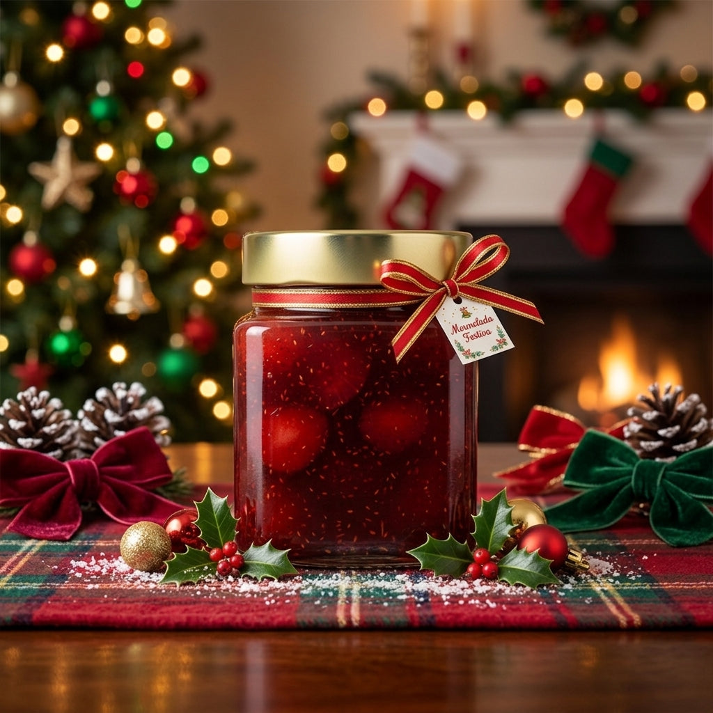 Frasco de vidrio con mermelada, tapa dorada y lazo rojo en una decoración navideña