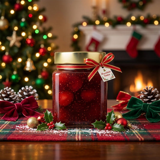 Frasco de vidrio con mermelada, tapa dorada y lazo rojo en una decoración navideña