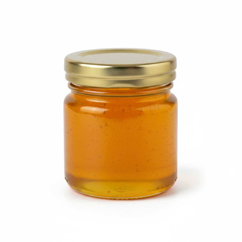 Envase con miel y tapa dorada