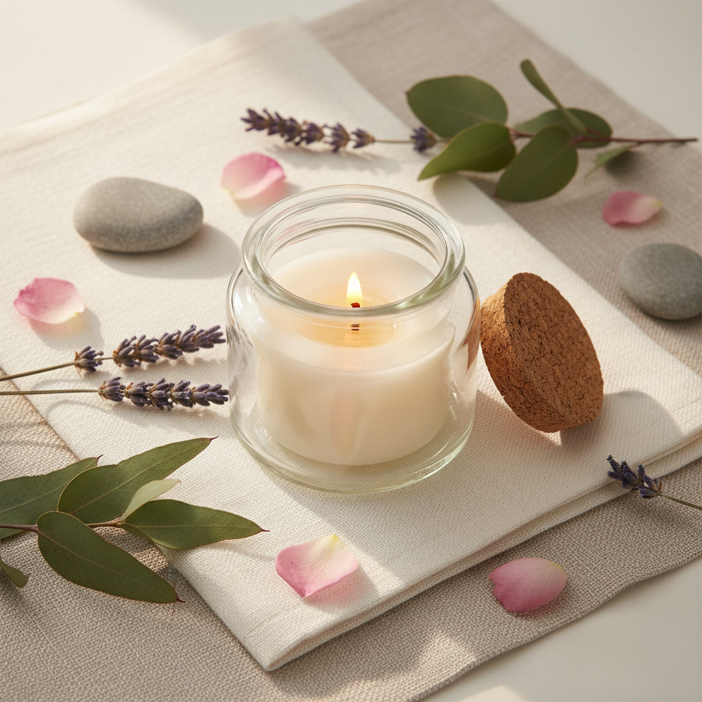 Envase de vidrio con vela – Aromaterapia