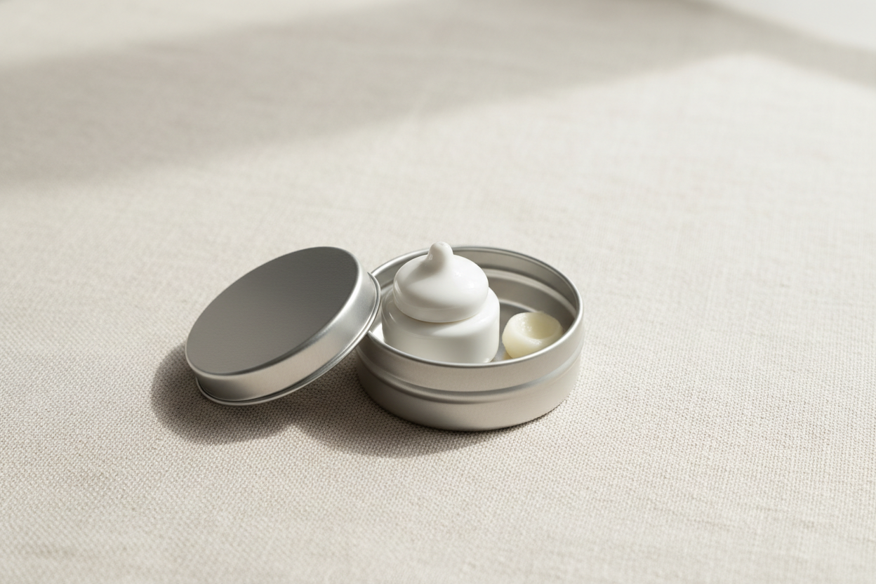 Caja metálica mini plateada abierta con bálsamo labial y muestra de crema sólida — uso cosmético