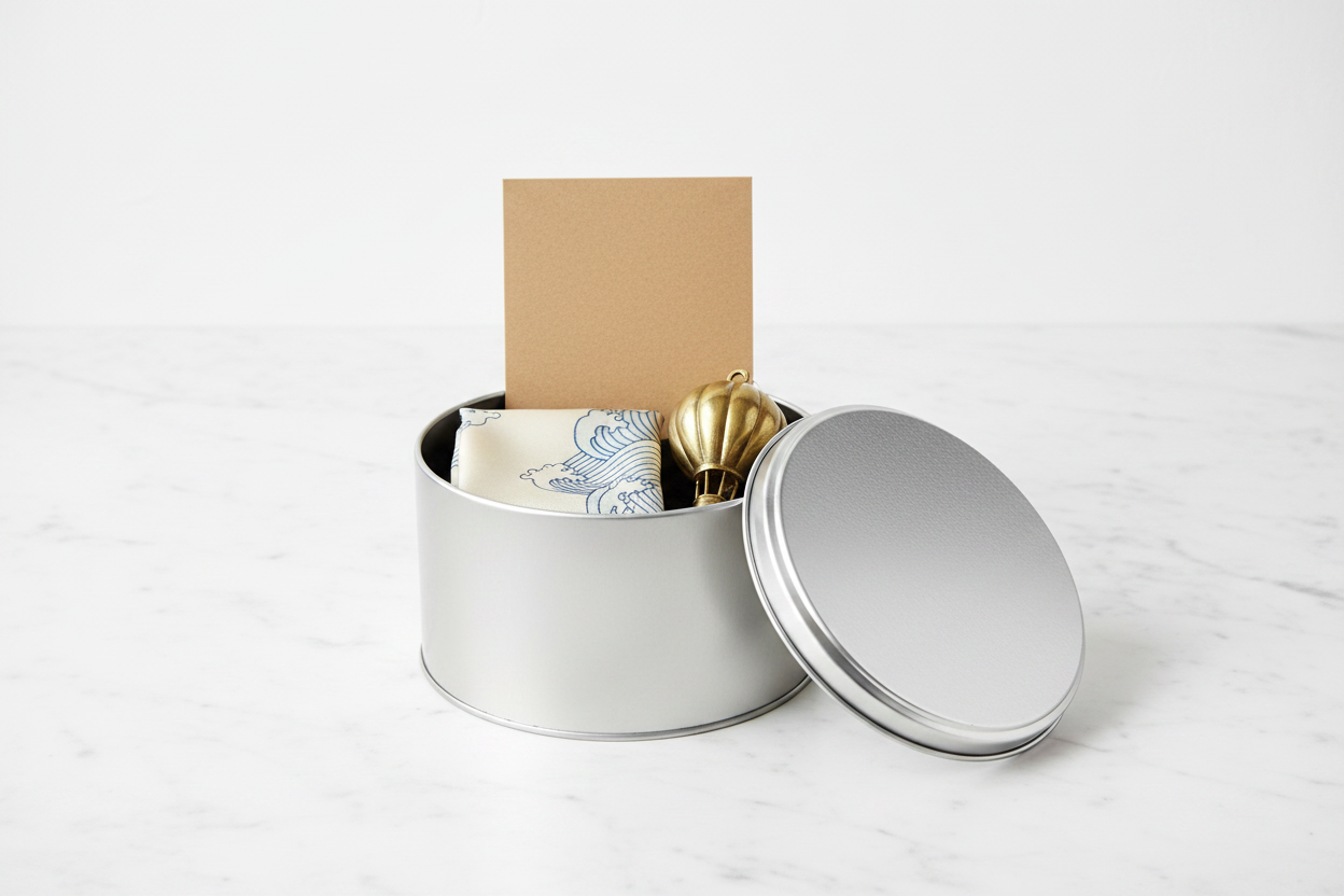 Caja metálica plateada abierta con kit de regalo premium — pañuelo, adorno souvenir y tarjeta kraft