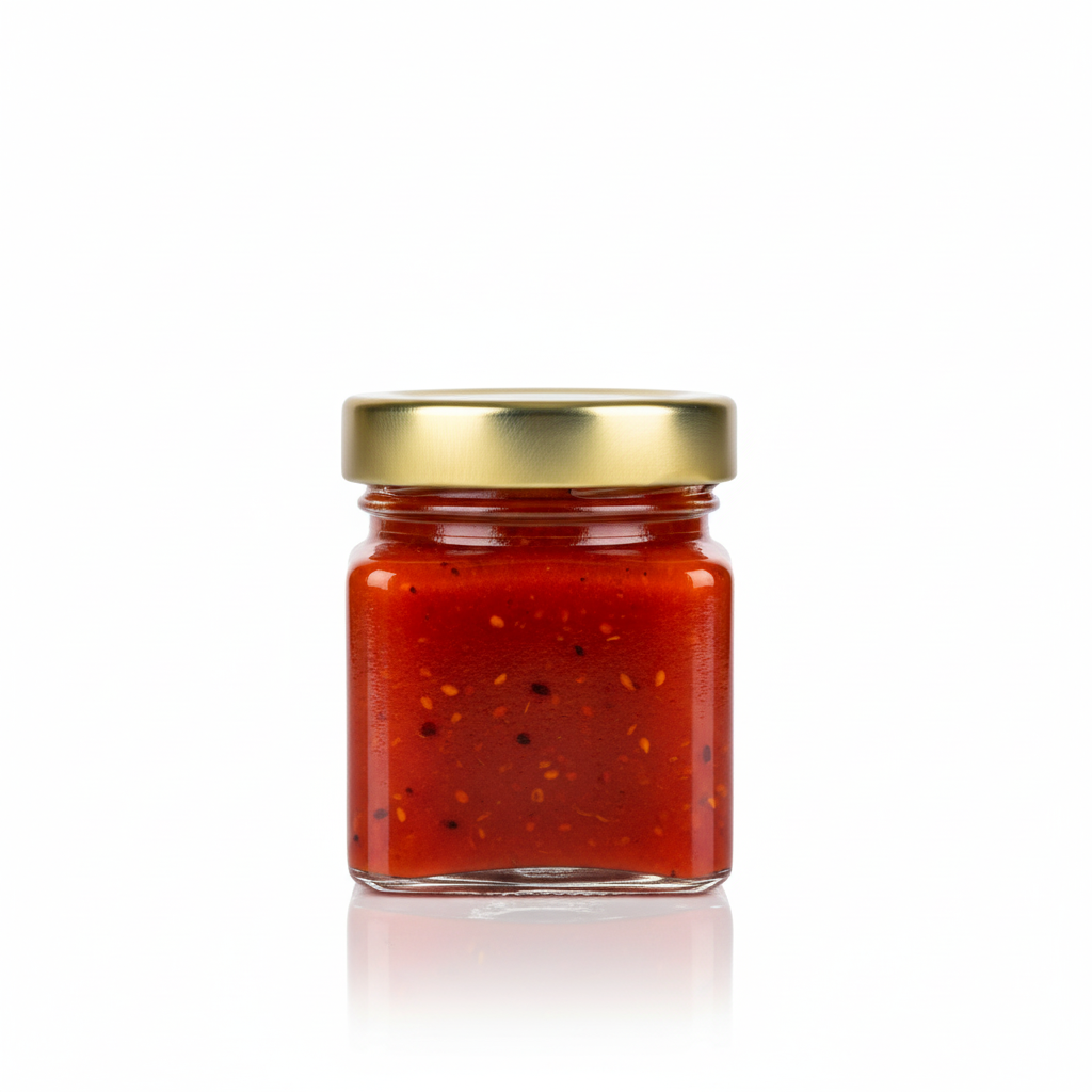 Frasco cuadrado 80ml con tapa Twist Off dorada y salsa picante