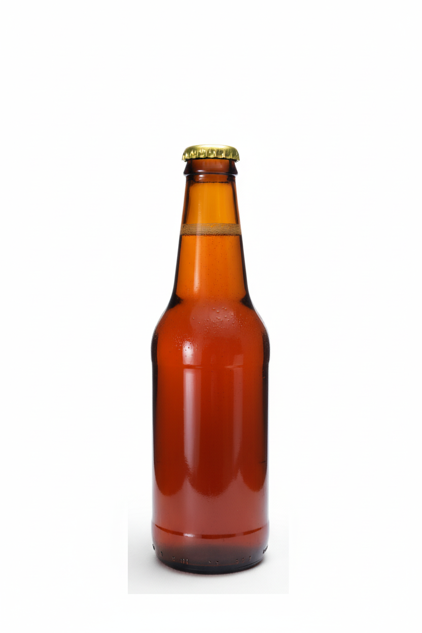 Botella de vidrio ámbar 330ml con cerveza y tapa corona metálica dorada