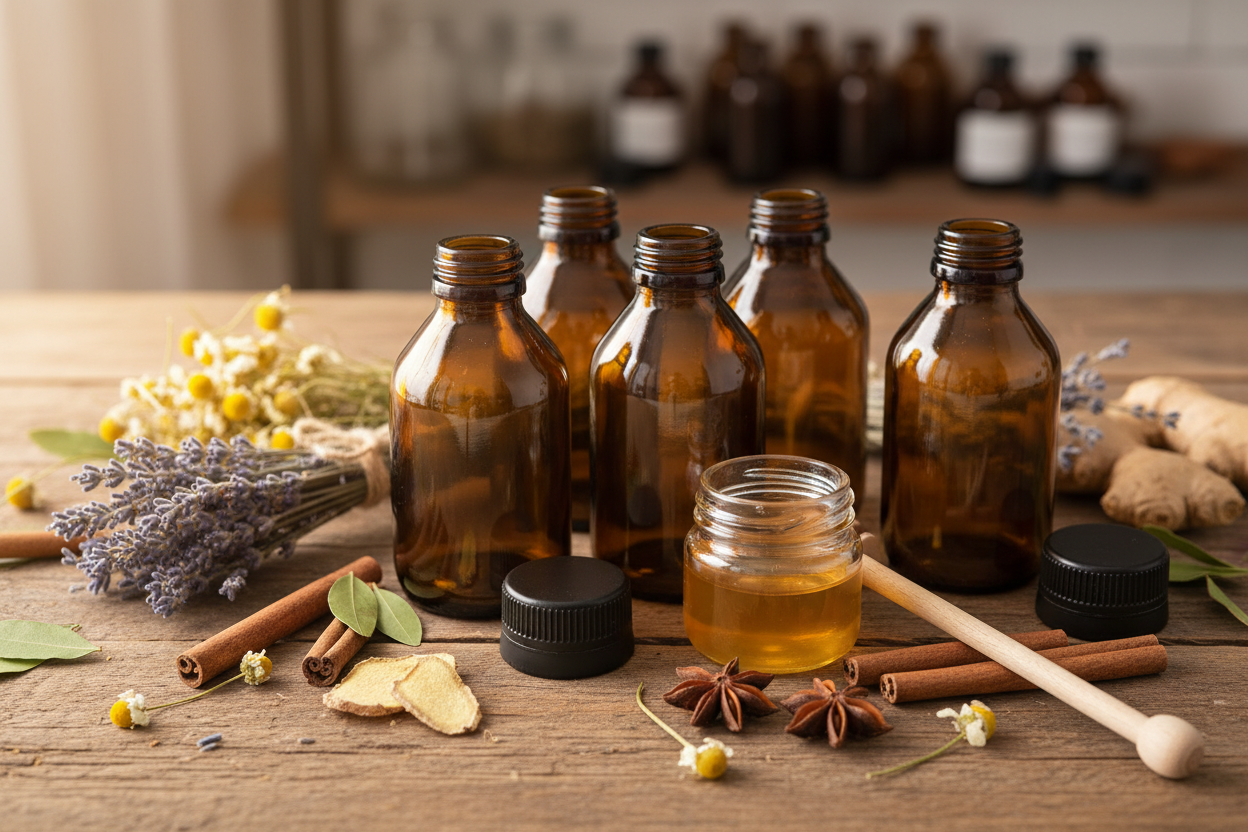 Envases de vidrio ámbar HX120F 120ml en contexto lifestyle apotecario con hierbas y miel