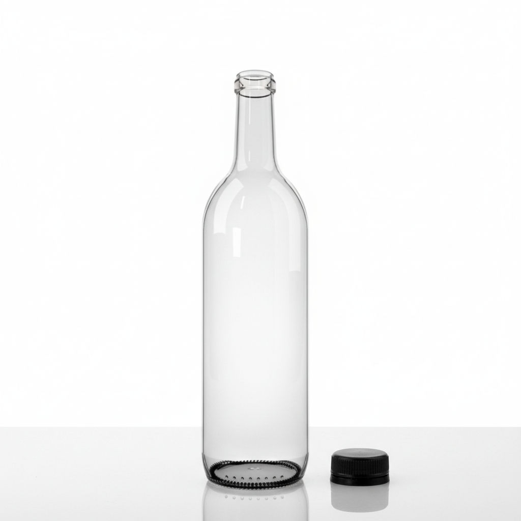 Botella de vidrio 2312 750ml con tapa plástica negra al lado