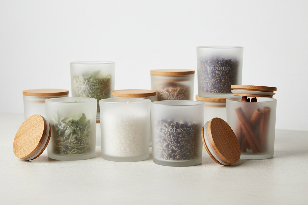 Envases de vidrio esmerilado 266ml con tapa de madera en contexto de tienda artesanal