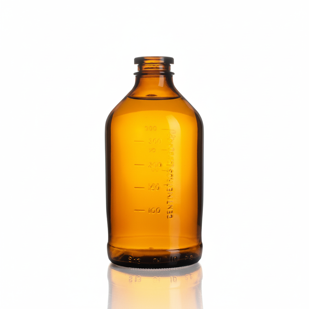 Envase de vidrio ámbar 339ml con licor dorado, sin etiqueta