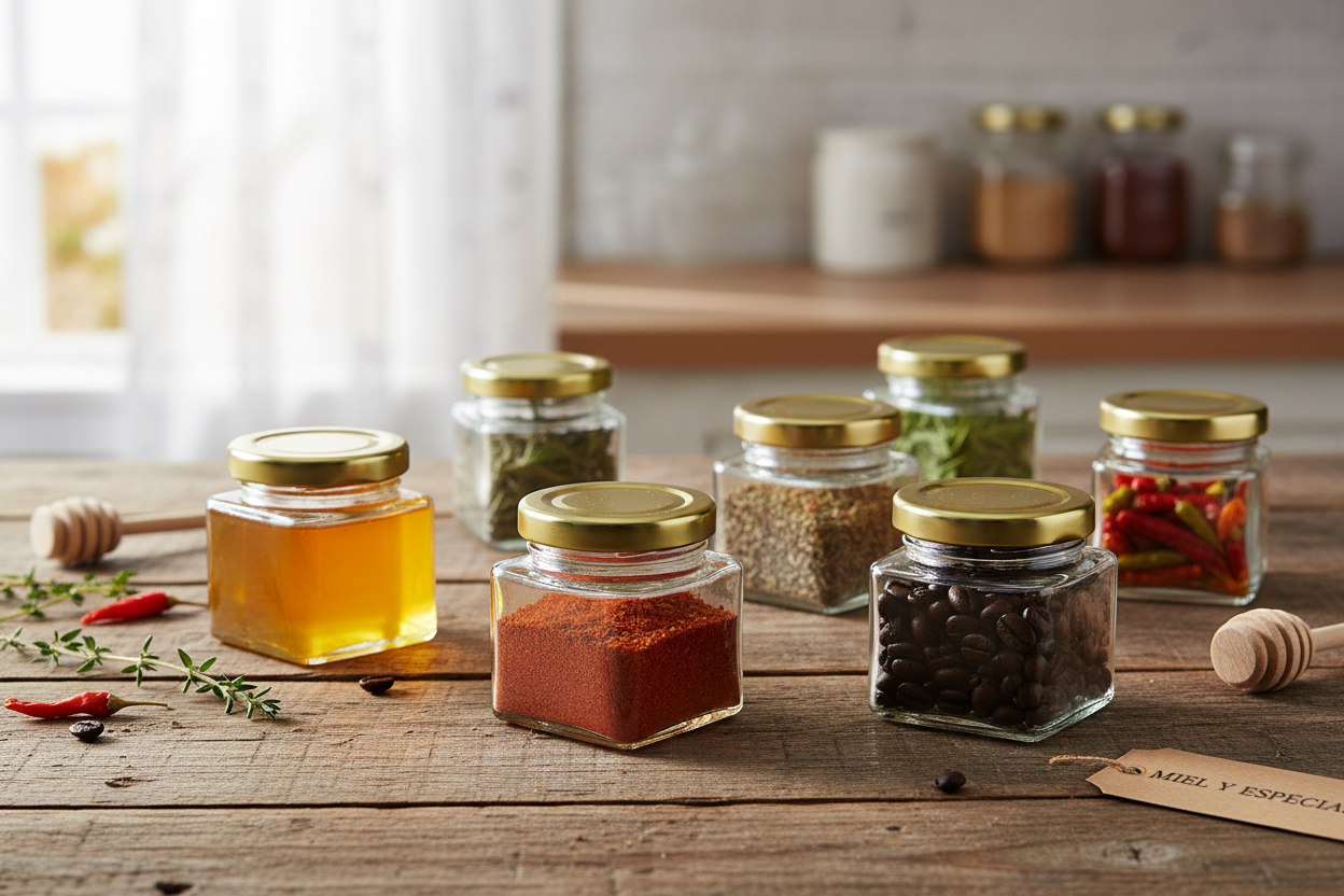 Frascos cuadrados con miel y especias en mesa