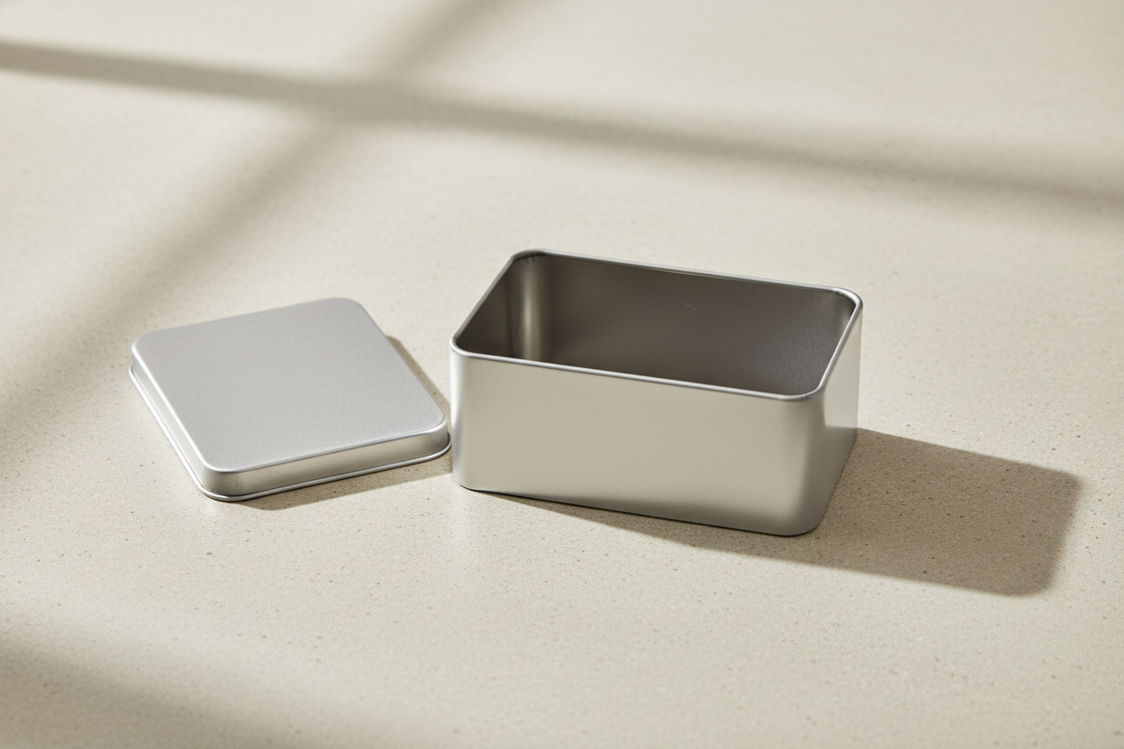 Caja metálica plateada rectangular abierta y vacía con tapa plana a un lado — interior visible