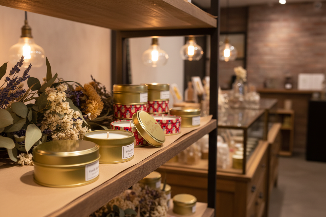 Cajas metálicas en tienda artesanal — contexto profesional