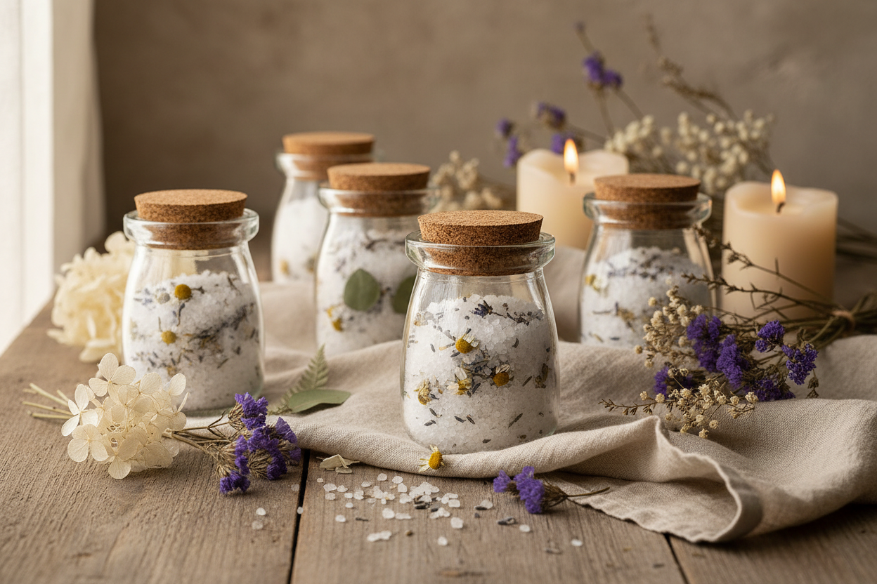 Envases de vidrio transparente 100ml en contexto lifestyle artesanal con sales, flores y velas