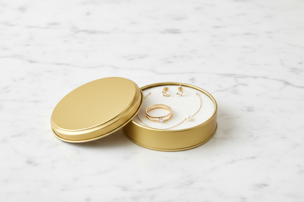 Caja metálica dorada abierta con joyería — anillos, aretes y pulsera sobre inserto de terciopelo blanco