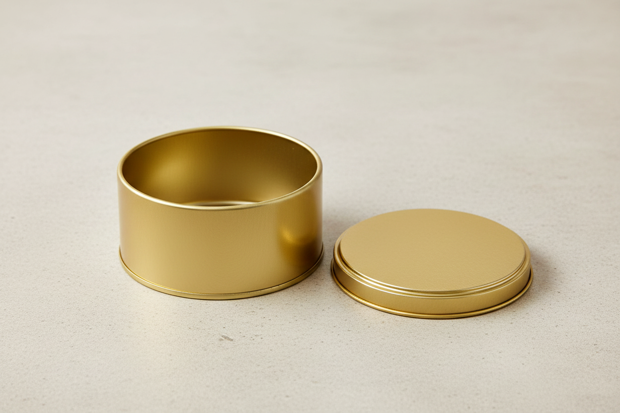 Caja metálica dorada abierta y vacía con tapa plana a un lado — interior circular visible