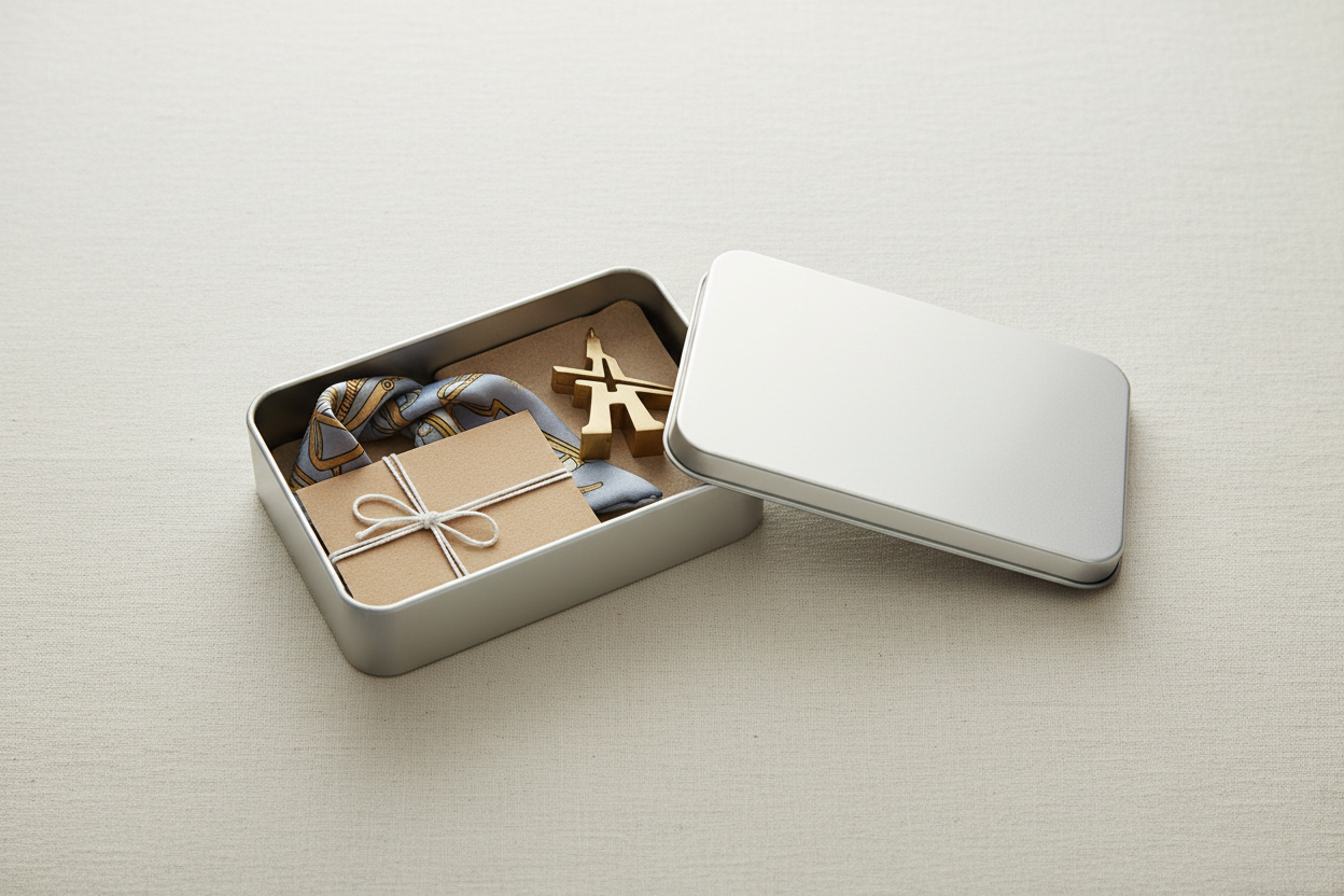 Caja metálica plateada abierta con souvenir premium — pañuelo de seda, adorno y tarjeta kraft sobre lino crema