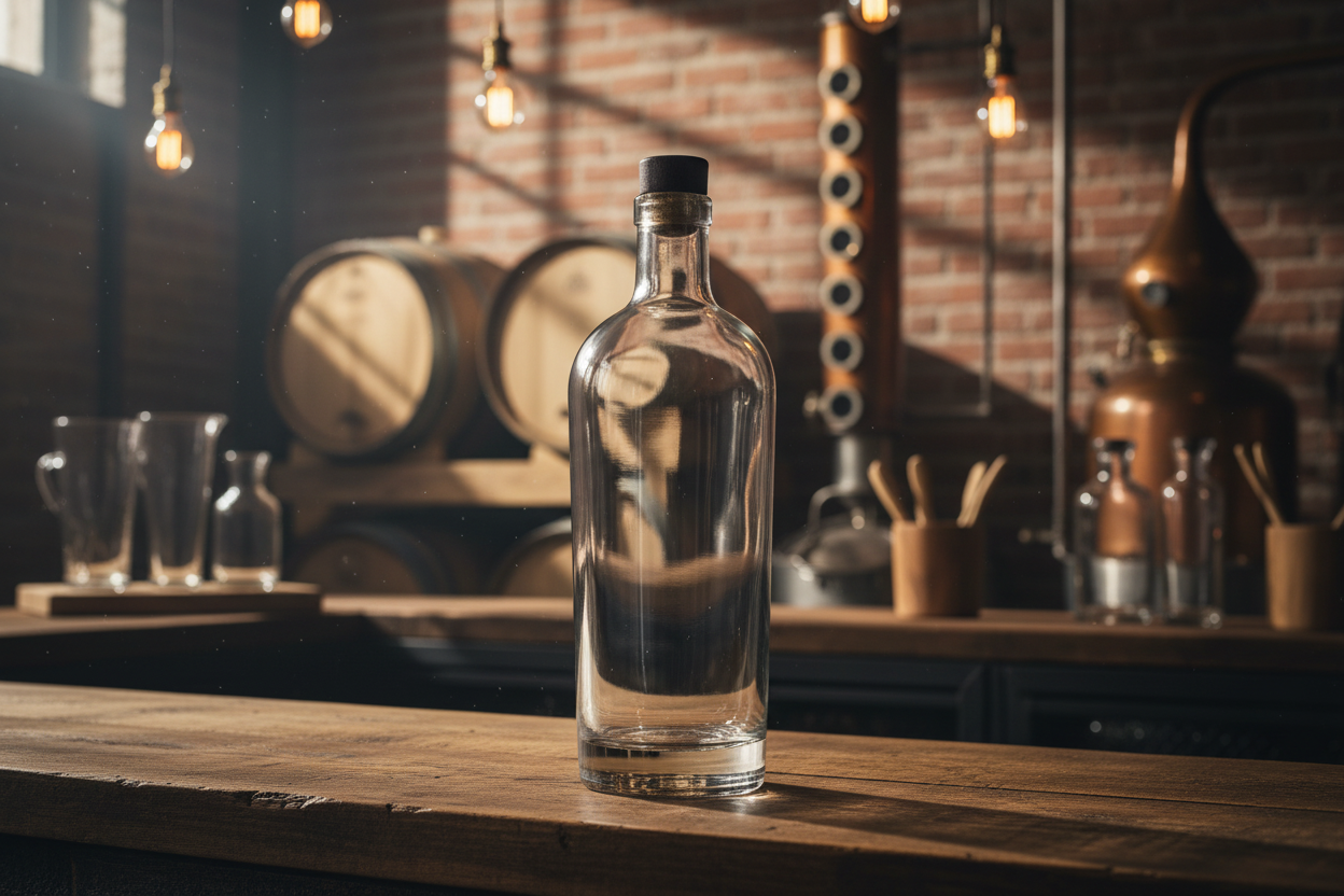 Botella flint 750ml en destilería artesanal con barriles de madera