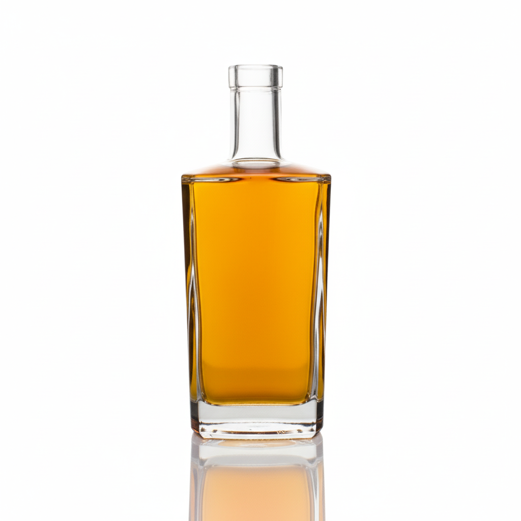 Botella de vidrio flint 750ml con whisky dorado sin corcho
