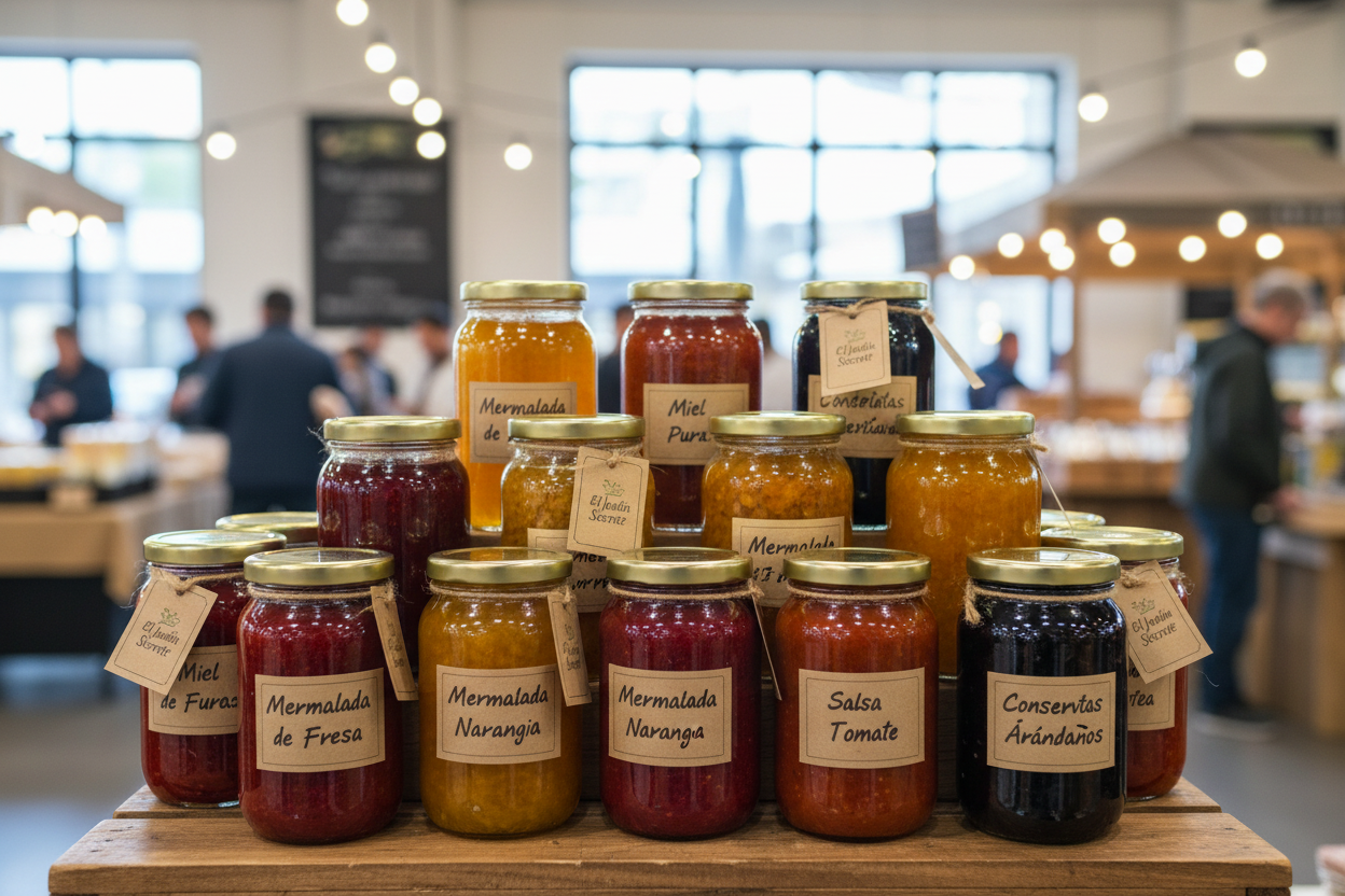 Frascos con mermeladas y salsas en mercado gourmet