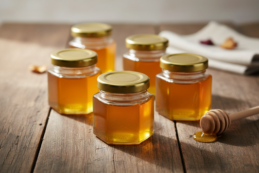 Frascos hexagonales pequeños con productos artesanales en mesa