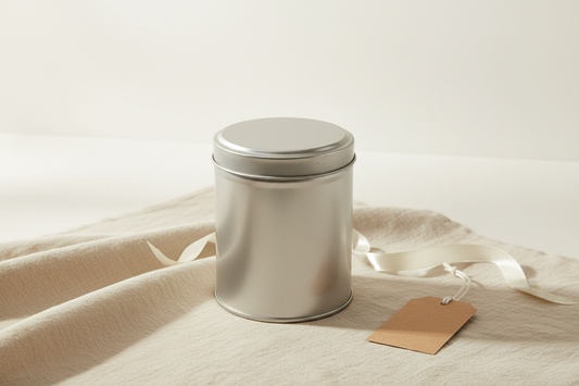 Caja metálica redonda 88x104 mm plateada cerrada sobre lino beige — vista general editorial