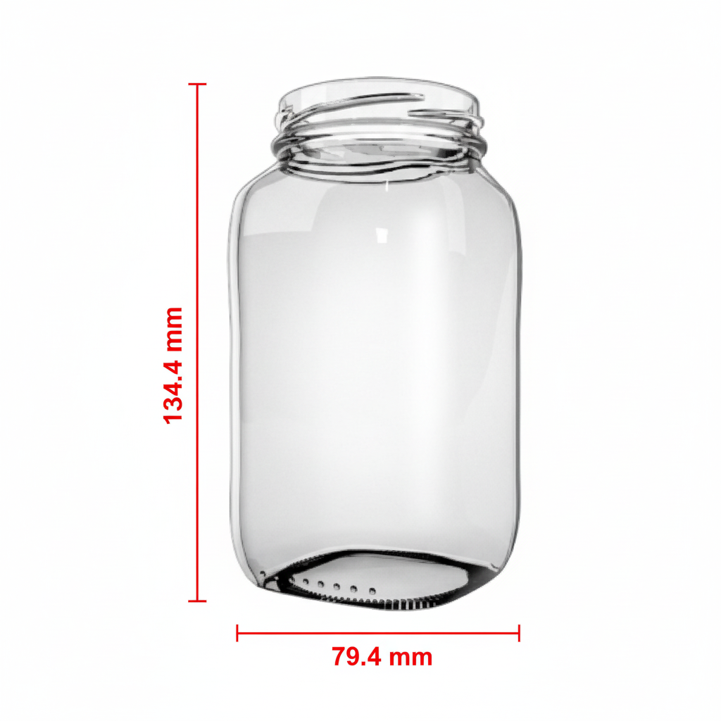 Dimensiones del frasco: 134.4mm alto × 79.4mm diámetro