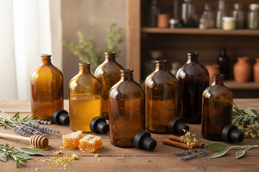 Envases de vidrio ámbar 645ml en contexto lifestyle apotecario y botánico