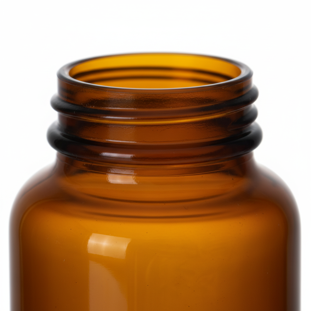 Close-up cuello rosca B.38 del envase de vidrio ámbar MB120R 120ml