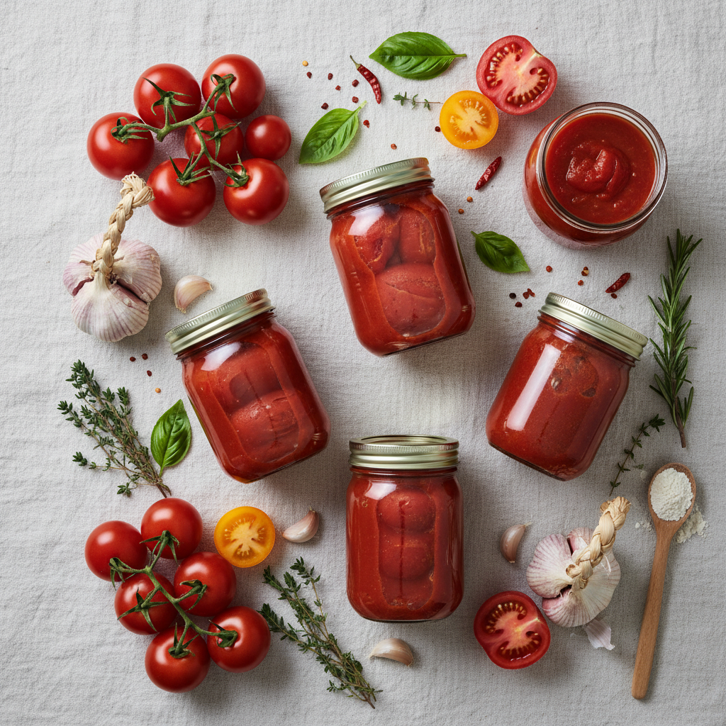 Frascos de salsa de tomate californiano artesanal con tomates frescos