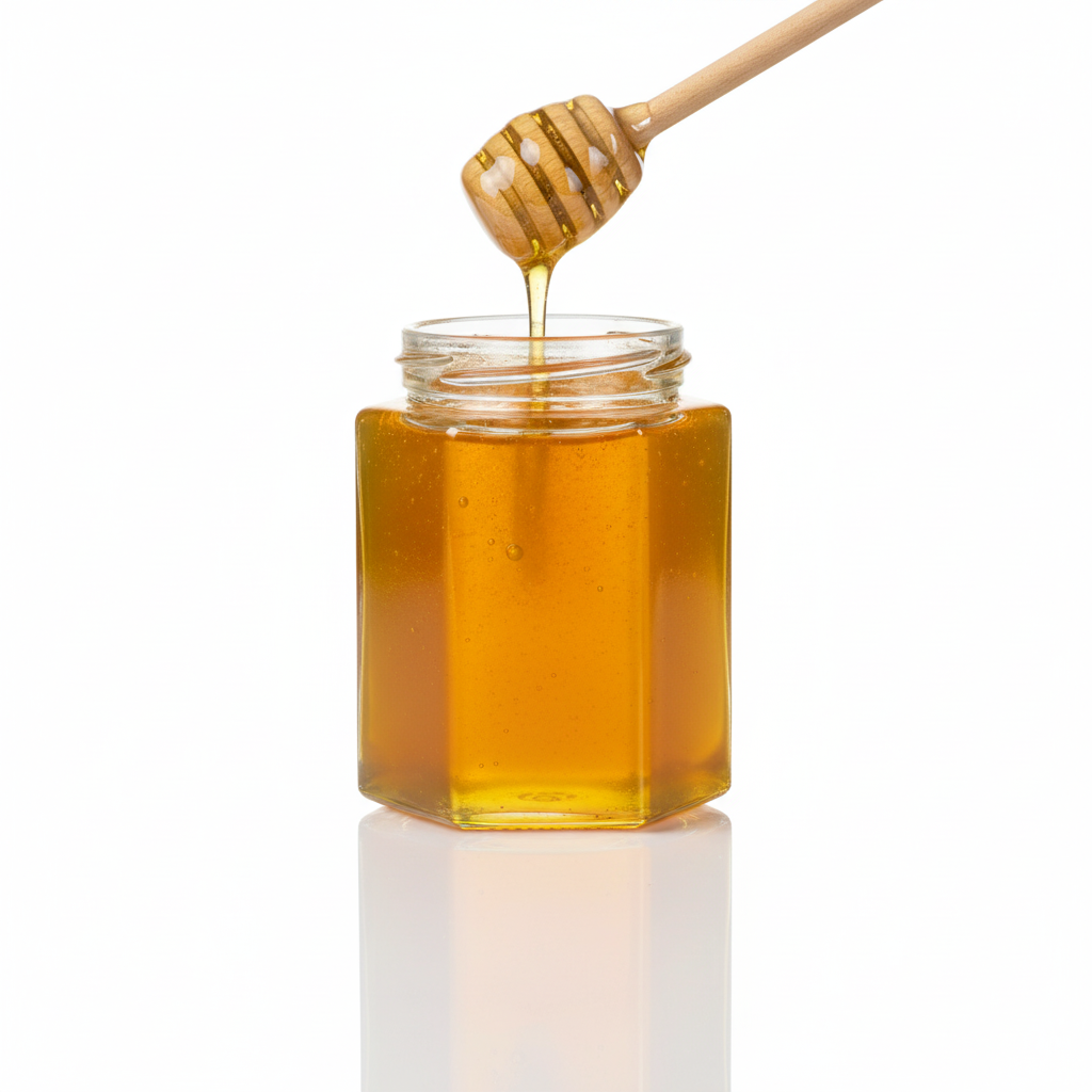 Frasco hexagonal 280ml con miel mostrando uso final