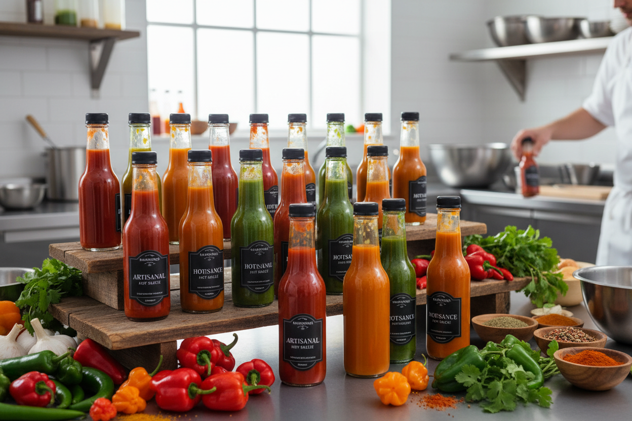 Botellas de vidrio con salsas picantes en cocina artesanal